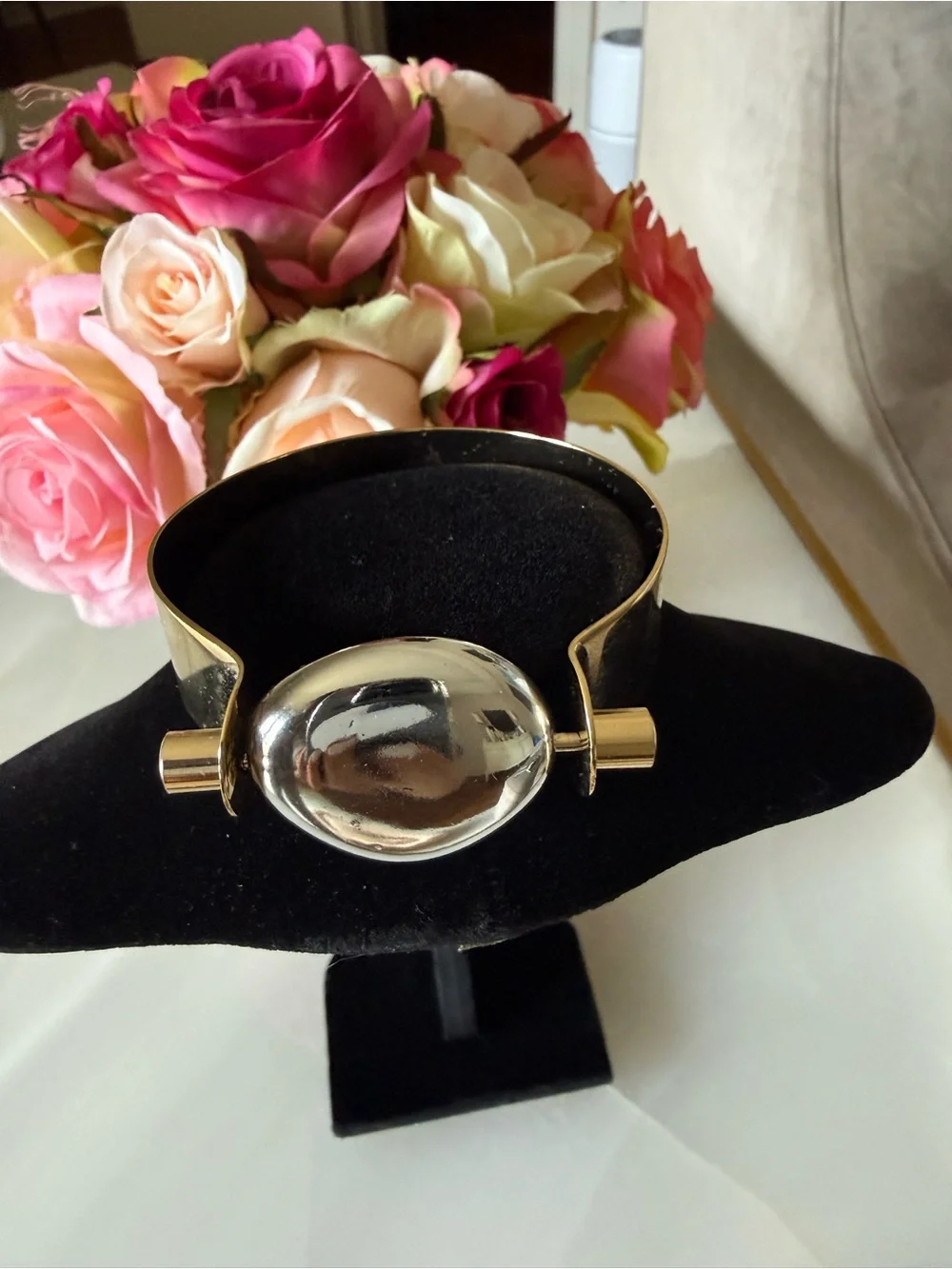 Vintage Modernist Two-Tone Cuff Bracelet Bold Mixed Metal Orb Statement 7”